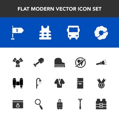 Modern, simple vector icon set with hygiene, shine, bus, doughnut, bathroom, space, money, dessert, life, cooler, rocket, fashion, equipment, shovel, jacket, flashlight, piano, safety, bathrobe icons