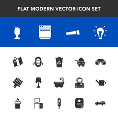 Fototapeta premium Modern, simple vector icon set with hotel, bulb, sailboat, boat, flashlight, bed, binocular, home, equipment, electricity, night, road, bar, sign, paint, room, idea, glass, alcohol, garbage, pin icons