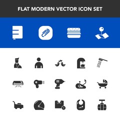 Modern, simple vector icon set with espresso, waiter, location, bathroom, clip, love, dryer, animal, water, paper, drink, hygiene, pin, pointer, male, paperclip, conditioner, train, book, shower icons