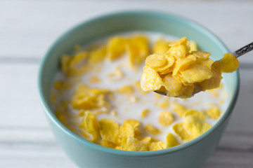 Corn flakes with milk. Tasty and healthy Breakfast