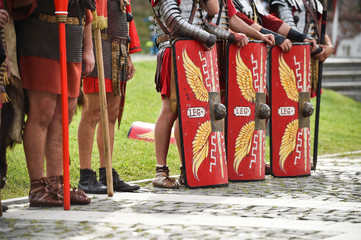 Reenactment detail with roman soldiers uniforms