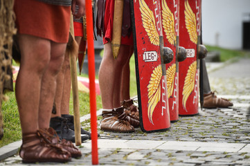 Reenactment detail with roman soldiers uniforms