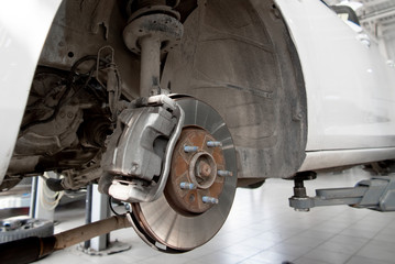 Disc brakes. assembly on a modern automobile - Brake work in progress.