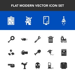 Modern, simple vector icon set with sign, pin, train, technology, road, shovel, image, ball, location, rattle, tool, street, fun, birthday, mill, camera, travel, trash, garbage, equipment, sport icons