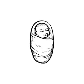 Wraped Infant Hand Drawn Outline Doodle Icon. Newborn Baby Infant With Pacifier And Swaddled Hands Vector Sketch Illustration For Print, Web, Mobile And Infographics Isolated On White Background.