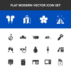 Fototapeta premium Modern, simple vector icon set with space, summer, clothing, nature, outdoor, globe, alcohol, flower, spring, wine, headwear, work, kitchen, vegetable, power, tool, blossom, cap, mask, snorkel icons