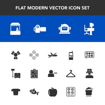 Modern, simple vector icon set with plane, flight, bed, sign, grocery, work, account, game, table, play, travel, helmet, business, computer, food, photo, camera, vintage, delete, space, airplane icons