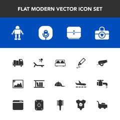 Modern, simple vector icon set with lawn, technology, truck, double, headwear, brush, shipping, photo, cannon, clothing, image, radio, health, office, machine, sunny, pen, vacation, furniture icons
