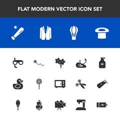 Modern, simple vector icon set with blossom, oven, food, kite, suit, hygiene, transport, sky, hat, balloon, air, ball, duck, liquid, spring, bicycle, parachute, flower, baseball, fitness, joy icons