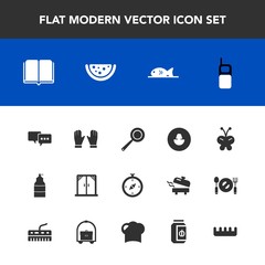 Modern, simple vector icon set with utensil, white, avatar, insect, mobile, talk, communication, hair, jam, home, fish, beauty, house, window, map, meat, watermelon, literature, cooking, compass icons