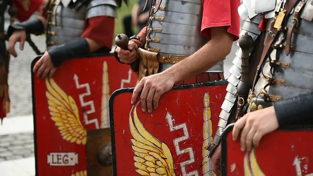 Reenactment video detail with roman soldiers uniforms