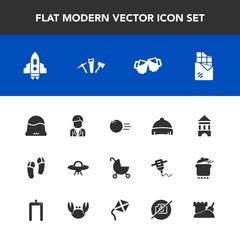 Modern, simple vector icon set with space, spaceship, photo, baby, sport, hammer, boy, pin, fashion, male, food, technology, pram, beer, bowling, craft, bar, footwear, alcohol, clothing, repair icons