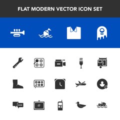 Modern, simple vector icon set with television, ufo, caravan, alcohol, trumpet, restaurant, watch, time, minute, cook, stove, kitchen, hammer, music, journey, gas, wine, space, sound, film, red icons