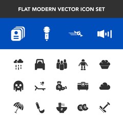 Modern, simple vector icon set with rain, karaoke, bowling, card, sunny, music, microphone, wet, vehicle, robot, water, vacation, voice, doughnut, volume, technology, flight, ball, departure, id icons
