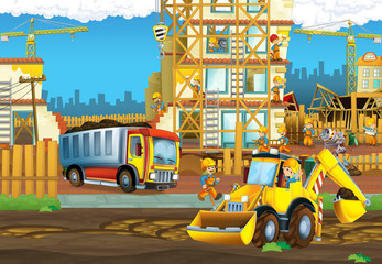 Obraz na płótnie Canvas cartoon scene with men working doing industrial jobs - illustration for children