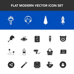 Modern, simple vector icon set with rocket, medicine, launch, music, pig, chicken, planet, audio, technology, animal, cleaner, medical, alcohol, hair, cardiology, equipment, sound, blow, swine icons