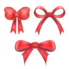 Watercolor bow red beauty christmas bow ribbon gift, isolated on a white background.