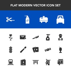 Modern, simple vector icon set with dinner, caravan, grunge, male, safety, graffiti, tool, sprayer, blossom, water, boiler, sale, lamp, equipment, spring, nature, knife, cut, sign, traffic, bag icons
