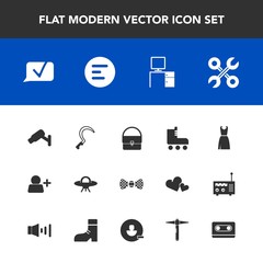 Modern, simple vector icon set with elegance, dress, sport, safety, industrial, work, app, space, bow, cassette, fashion, communication, sign, fun, tape, button, account, agriculture, hammer icons