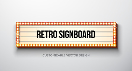 Vector retro signboard or lightbox illustration with customizable design on clean background. Light banner or vintage bright billboard for advertising or your project. Show, night events, cinema or