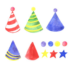 A festive set of watercolor handmade cap, isolated on a white background.