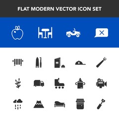 Modern, simple vector icon set with spoon, delivery, clothing, fruit, agriculture, cap, car, fork, headwear, table, boiler, skate, dental, plant, harvest, service, skating, furniture, book, home icons