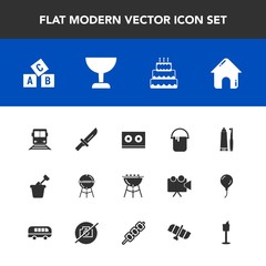 Modern, simple vector icon set with child, knife, interior, abc, play, sand, meat, transportation, toothbrush, education, glass, house, toothpaste, food, dinner, hygiene, bbq, travel, cutlery icons