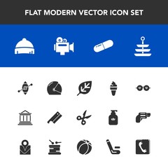 Modern, simple vector icon set with medicine, bank, sailboat, leaf, ship, meat, style, dinner, film, handle, cut, equipment, travel, plate, nature, finance, sweet, plant, dessert, biker, video icons