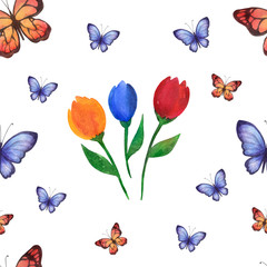 Watercolor summer pattern of handmade with flowers and butterflies.