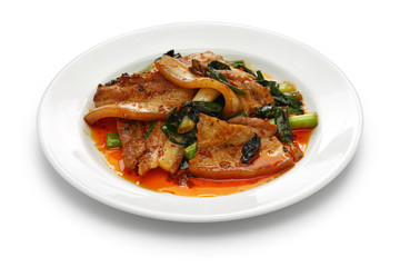 traditional twice cooked pork, Sichuan style chinese dish  isolated on white background
