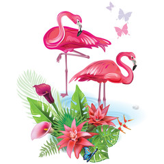 Obrazy  Aranżacja z tropikalnych kwiatów i flamingów