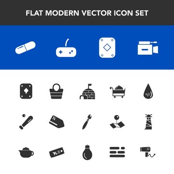 Modern, simple vector icon set with film, bag, sale, style, hairdryer, poker, water, leather, business, igloo, drink, table, medicine, food, dryer, fashion, microphone, tag, snow, hair, paint icons