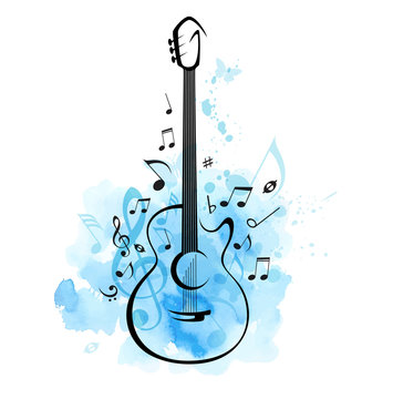 Guitar and notes on a blue watercolor background