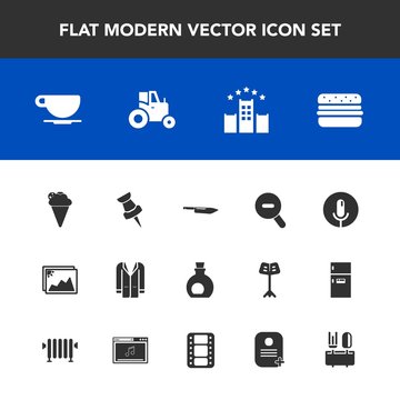 Modern, simple vector icon set with fashion, ice, vacation, knife, cup, record, map, hamburger, sound, image, drink, tractor, voice, farm, field, coffee, style, jacket, agriculture, dessert, pin icons