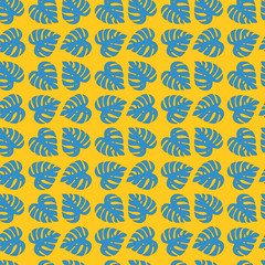 Illustrated seamless floral yellow background with blue monstera leaves