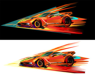 Red sports car racing fairies vector illustration on white and black backgrounds