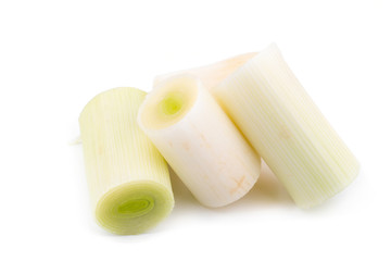 Fresh green leek chopped rings isolated on a white background