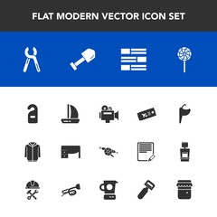 Modern, simple vector icon set with desk, reparation, ticket, repair, service, clothing, war, faucet, food, table, office, news, lollipop, camera, newspaper, hotel, candy, ship, sweet, wind, tap icons
