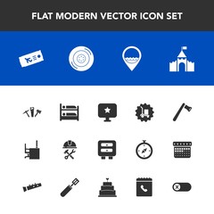 Modern, simple vector icon set with energy, turn, drawer, building, medieval, flight, helmet, deactivate, hostel, switch, wheel, work, screwdriver, package, castle, hammer, foreman, ticket, tire icons