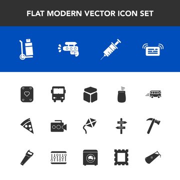 Modern, simple vector icon set with transport, frame, percussion, photo, bus, square, game, dentistry, shipping, road, kite, handle, drill, picture, gun, housework, machine, film, speed, video icons