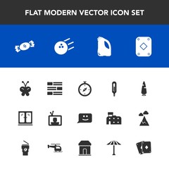 Modern, simple vector icon set with technology, ball, candy, sign, television, news, beauty, poker, interior, newspaper, raw, furniture, pin, home, tv, butterfly, food, game, white, screen, map icons