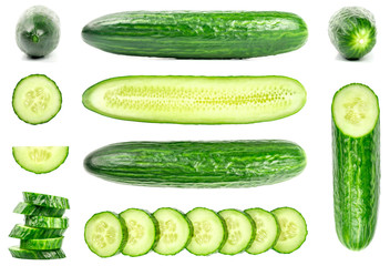 Collection of fresh green cucumbers isolated on white