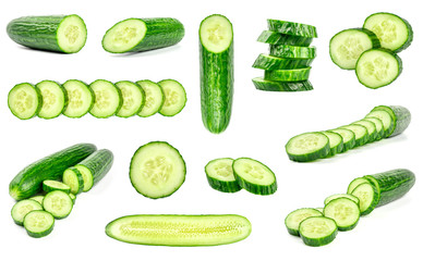 Collection of fresh green cucumbers isolated on white