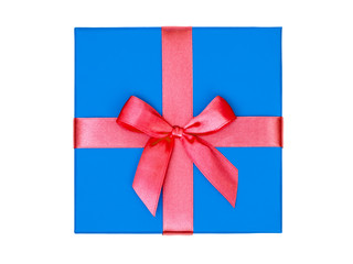 Blue gift box with red ribbon isolated on white