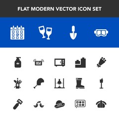 Modern, simple vector icon set with soap, bird, time, ball, science, bouquet, clean, sushi, snorkel, drink, summer, chicken, beautiful, message, tool, research, hygiene, calendar, shovel, play icons