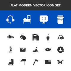 Modern, simple vector icon set with , speaker, monitor, food, tag, sink, technology, diskette, white, domestic, bathroom, cabinet, jam, glass, toy, jar, sale, water, screen, faucet, honey, cable icons