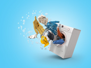 Washing machine and flying clothes on blue background - obrazy, fototapety, plakaty