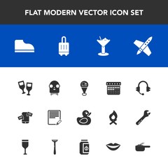 Modern, simple vector icon set with spaceship, travel, technology, edit, bar, music, craft, time, fashion, footwear, alcohol, document, calendar, red, sound, microphone, mobile, airport, phone icons