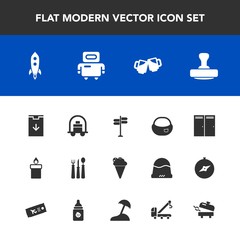 Modern, simple vector icon set with wax, luggage, service, entrance, door, beer, ice, rocket, home, baggage, download, direction, backpack, decoration, futuristic, spoon, food, stamp, bag, web icons
