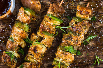 Grilled food with herbs, summer menu